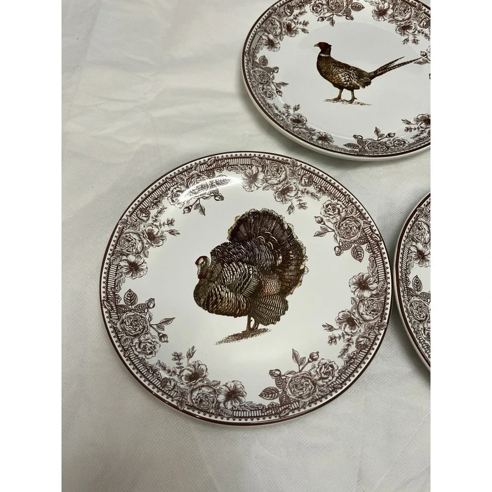 Turkey Pheasant Plates Set of 5 Floral Thanksgiving Fall Bird Country Farm Cabin